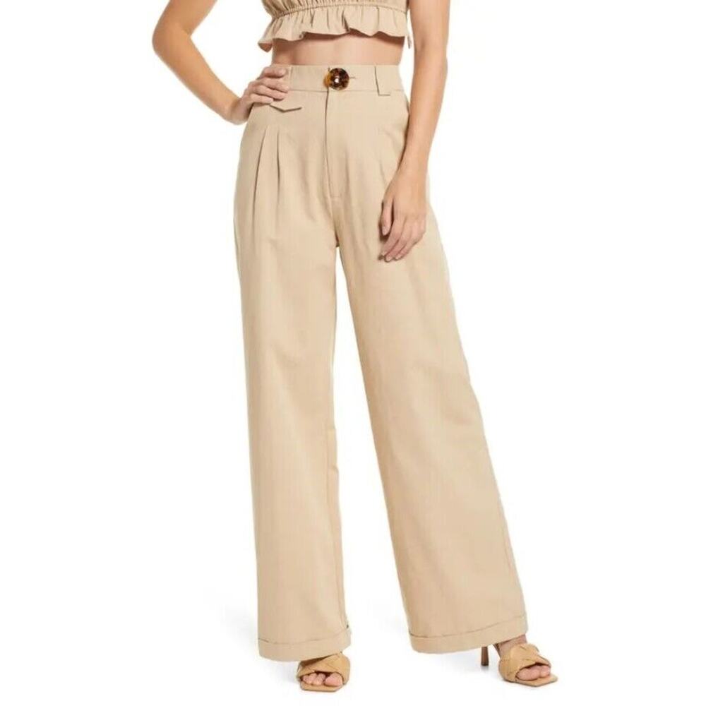 Lulus Women Beige Woven Cotton Seeking Adventures Wide Leg Pants Size XL